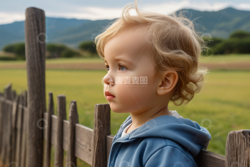 高清大图下载【趣麦麦图】户外金发小孩倚木栅栏眺望