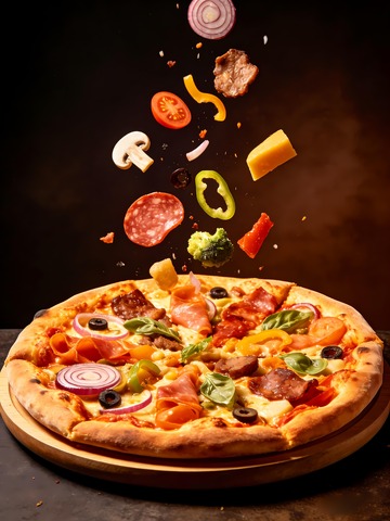 各种食材落下到披萨