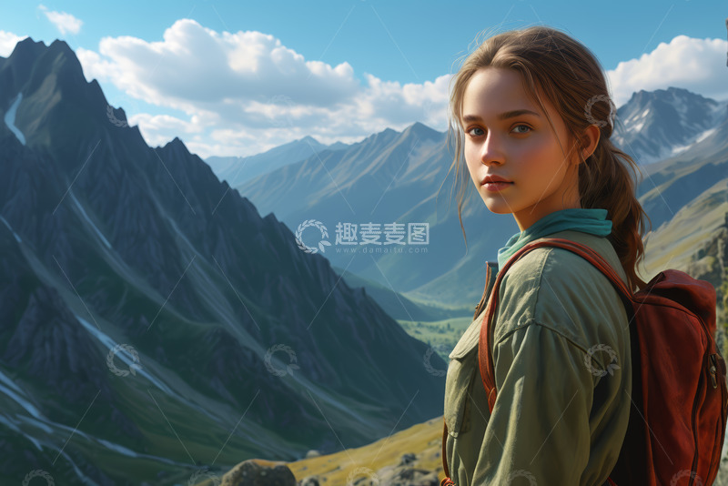 高清大图下载【趣麦麦图】-户外旅行女孩背背包眺望群山