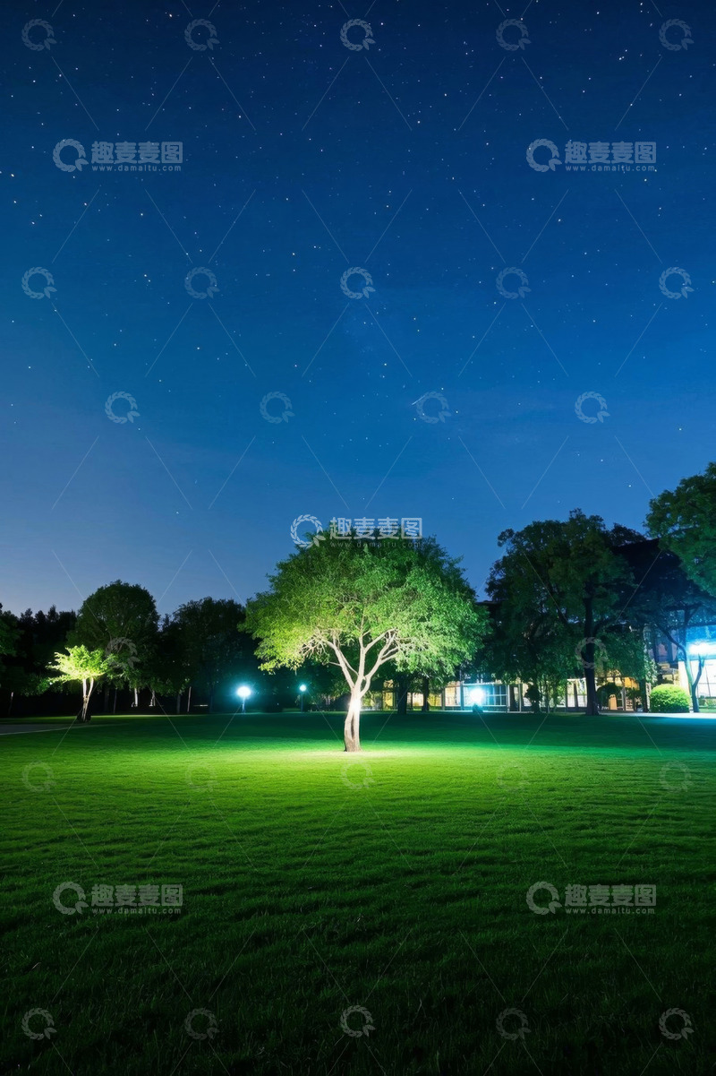 高清大图下载【趣麦麦图】夜晚草地树木与星空景观