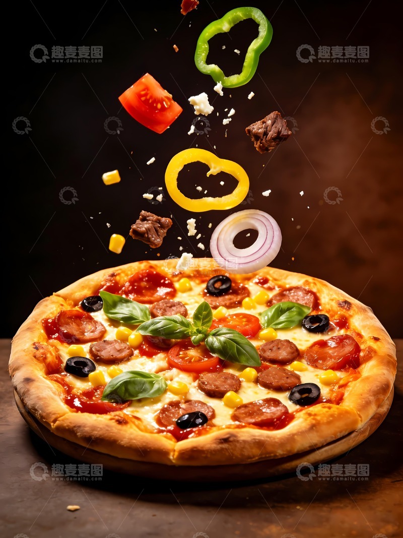 高清大图下载【趣麦麦图】各种食材落下披萨