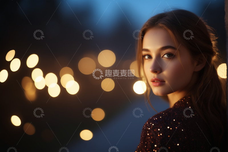高清大图下载【趣麦麦图】夜晚背景前的年轻女性肖像