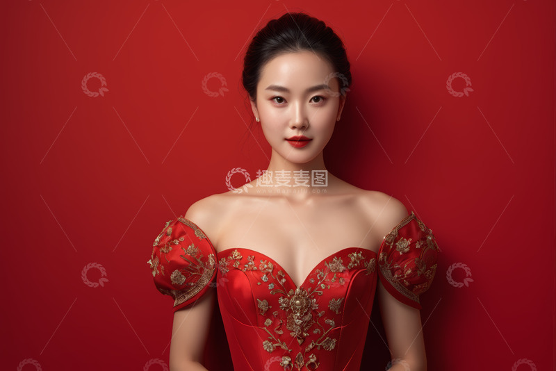 高清大图下载【趣麦麦图】身着红色礼服的女性肖像