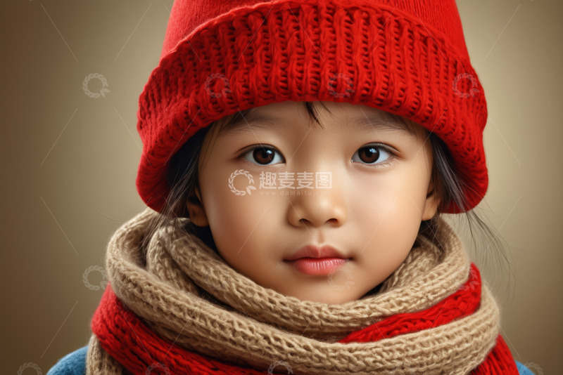 高清大图下载【趣麦麦图】戴红帽围巾的小女孩肖像