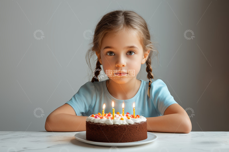 高清大图下载【趣麦麦图】扎辫子女孩生日蛋糕前的场景