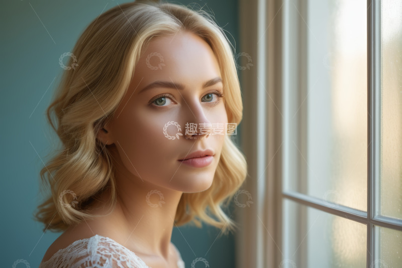 高清大图下载【趣麦麦图】窗边金发女子肖像特写