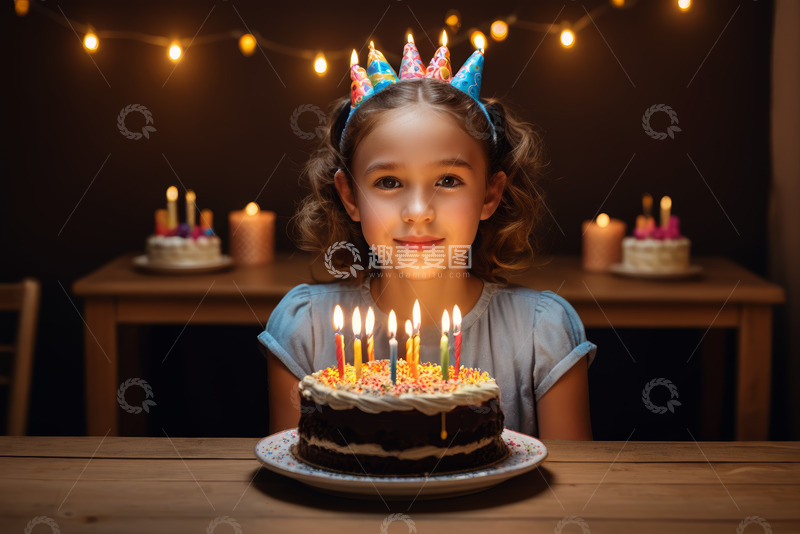 高清大图下载【趣麦麦图】戴生日帽的小女孩与生日蛋糕