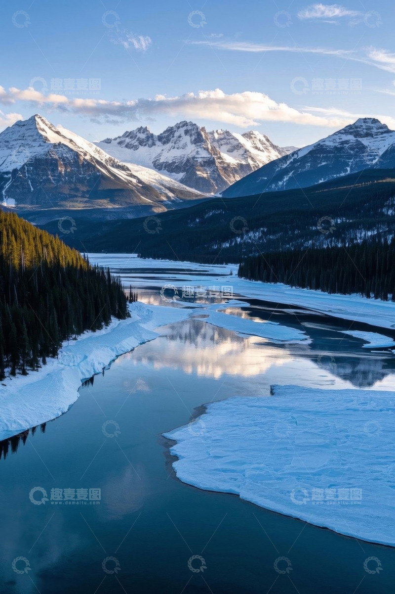高清大图下载【趣麦麦图】雪山下河流与森林风景