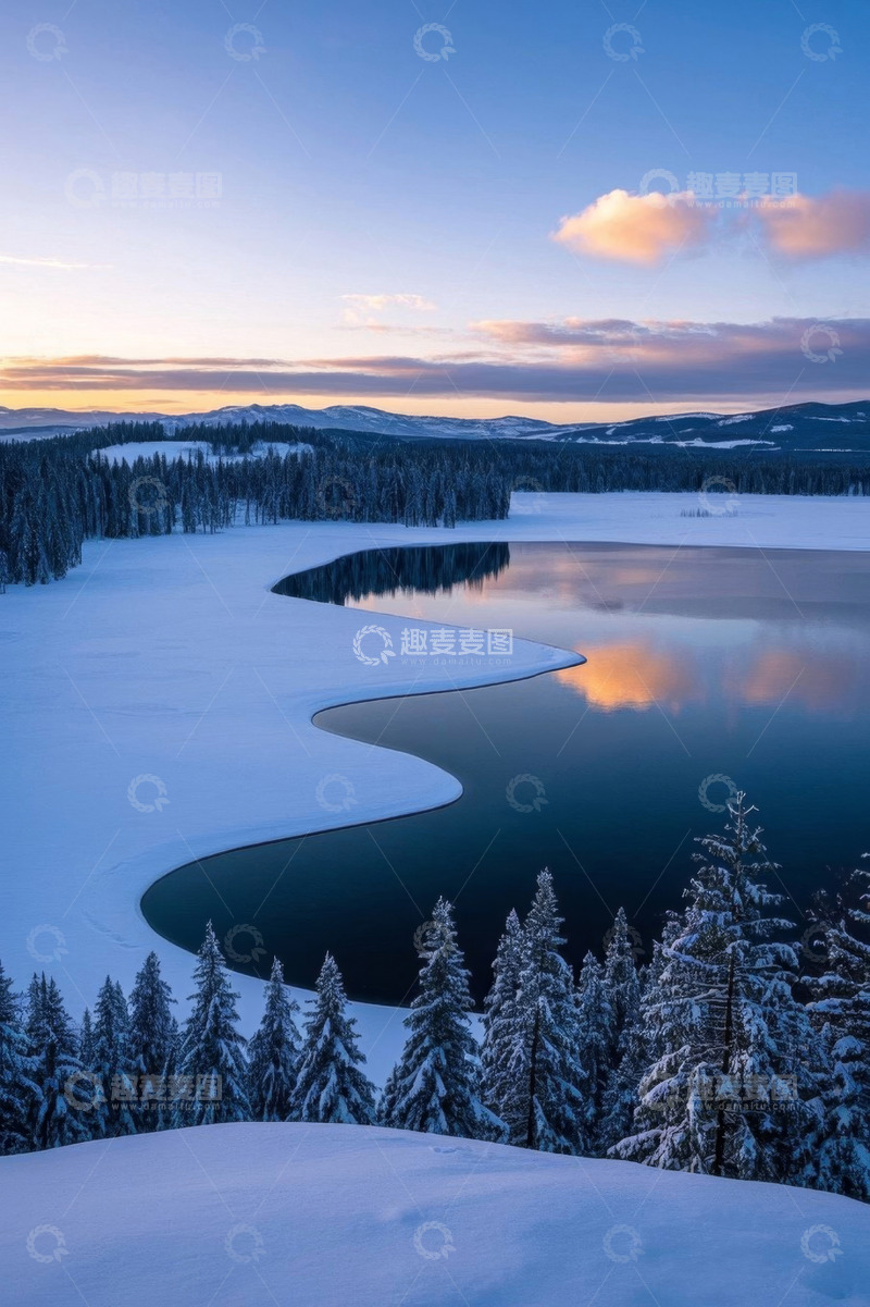 高清大图下载【趣麦麦图】冬日雪景森林湖泊全景