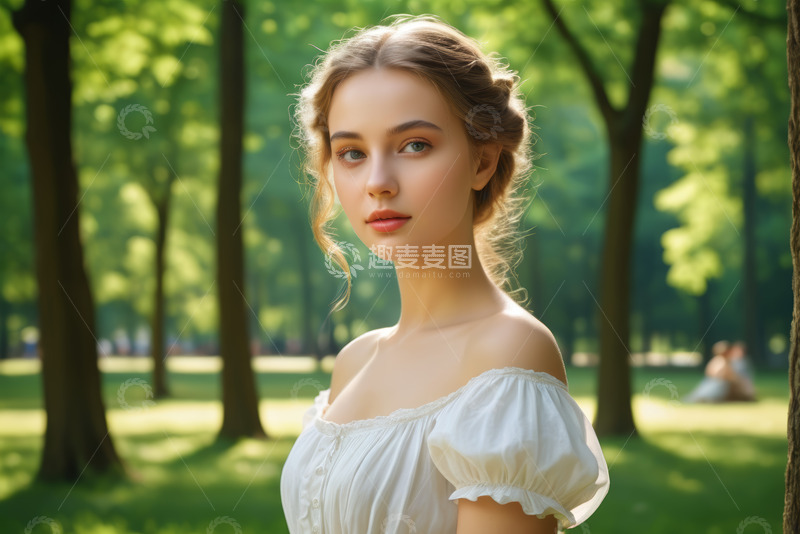 高清大图下载【趣麦麦图】公园中穿着白裙的年轻女子