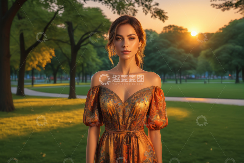 高清大图下载【趣麦麦图】公园中穿露肩裙的女子