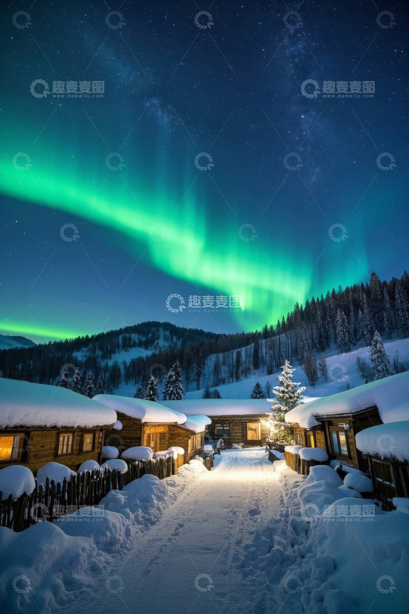 高清大图下载【趣麦麦图】雪夜木屋上空的极光景象