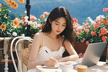 女子户外露台使用笔记本电脑