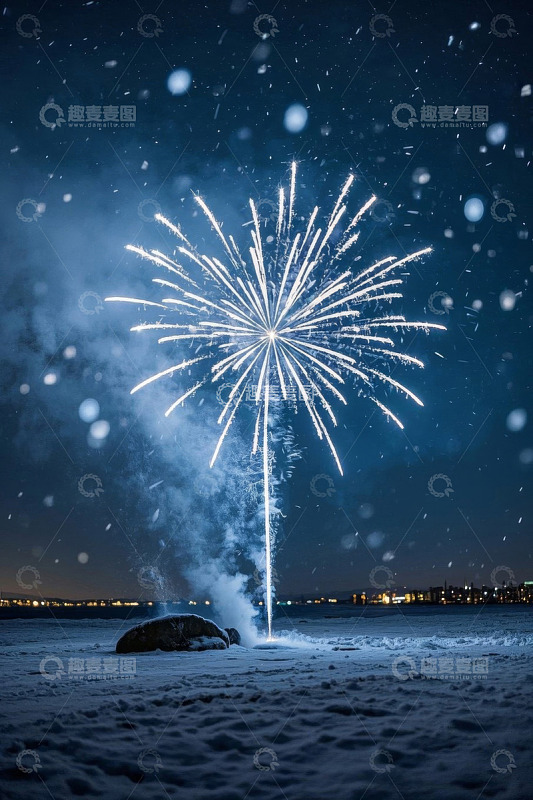 雪地中绽放的烟花夜景