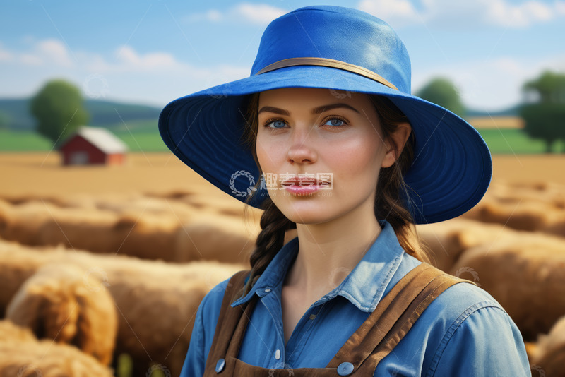 高清大图下载【趣麦麦图】农场女子戴蓝帽站羊群前