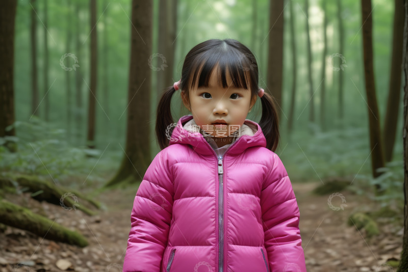 高清大图下载【趣麦麦图】森林中穿粉色外套的小女孩