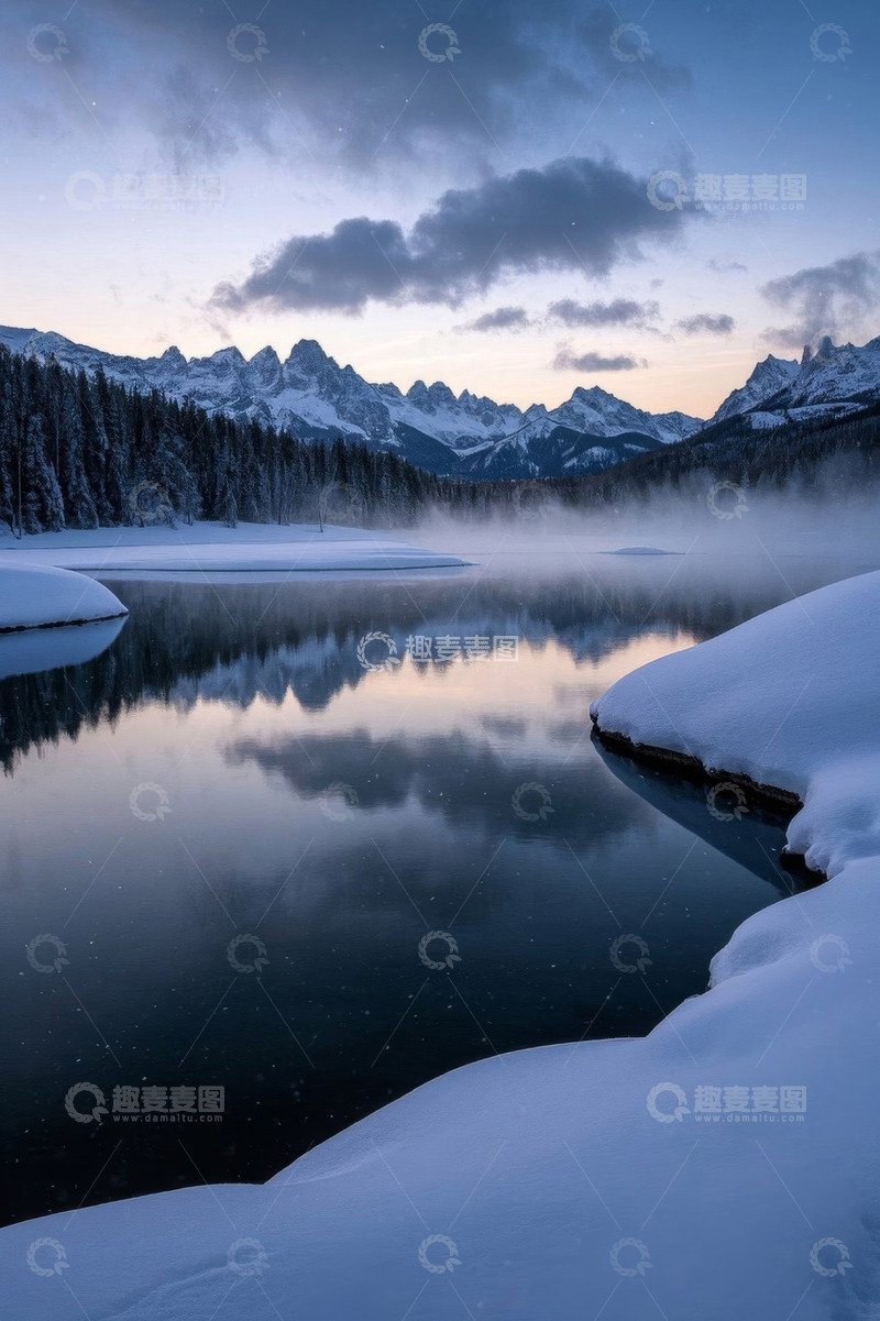 高清大图下载【趣麦麦图】雪后山林湖泊自然景观