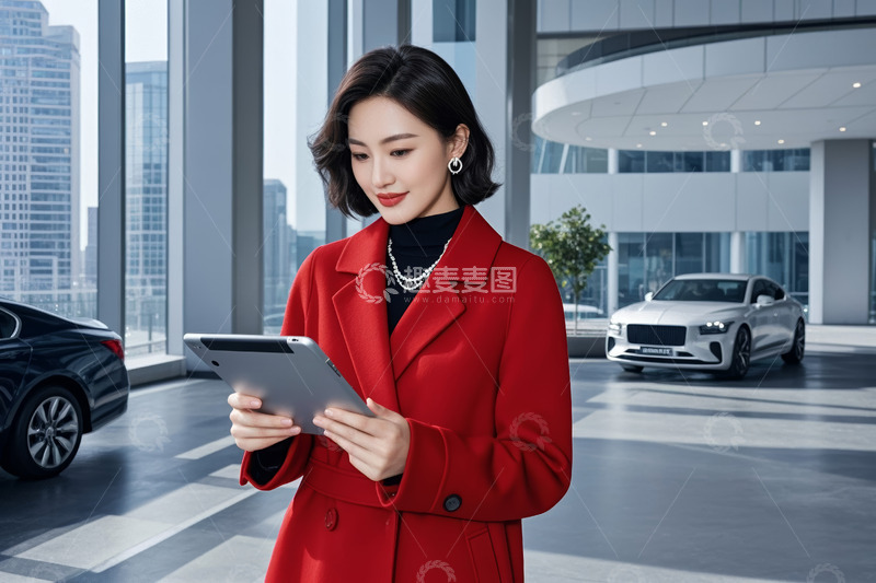 高清大图下载【趣麦麦图】身着红衣女士在展厅使用平板
