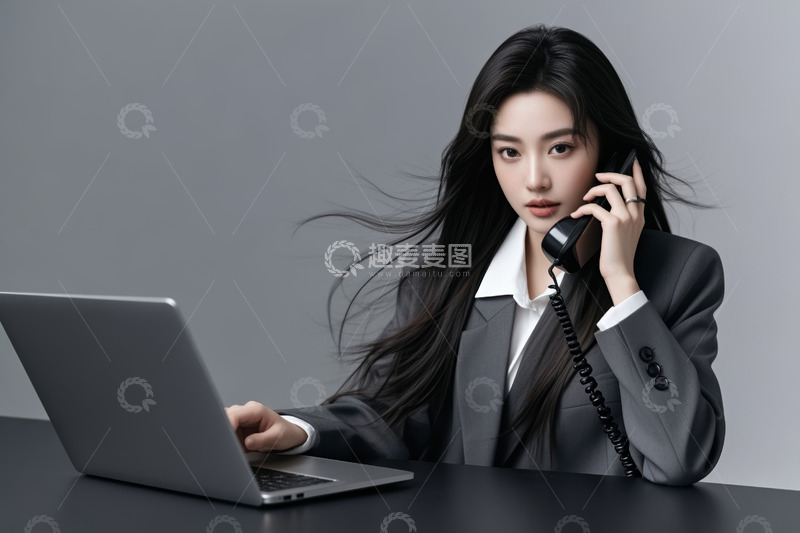 高清大图下载【趣麦麦图】商务女性打电话操作笔记本电脑
