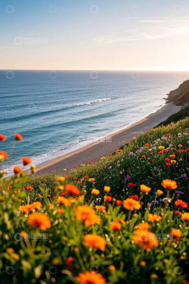 高清大图下载【趣麦麦图】海边绽放的多彩花卉景观
