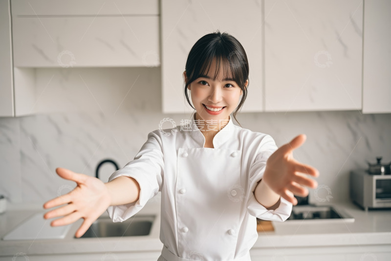 高清大图下载【趣麦麦图】女厨师在厨房张开双手微笑