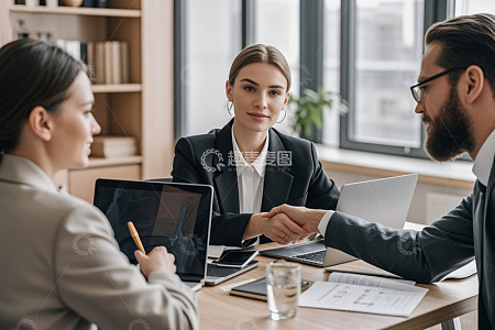 办公室内商务人士握手交谈