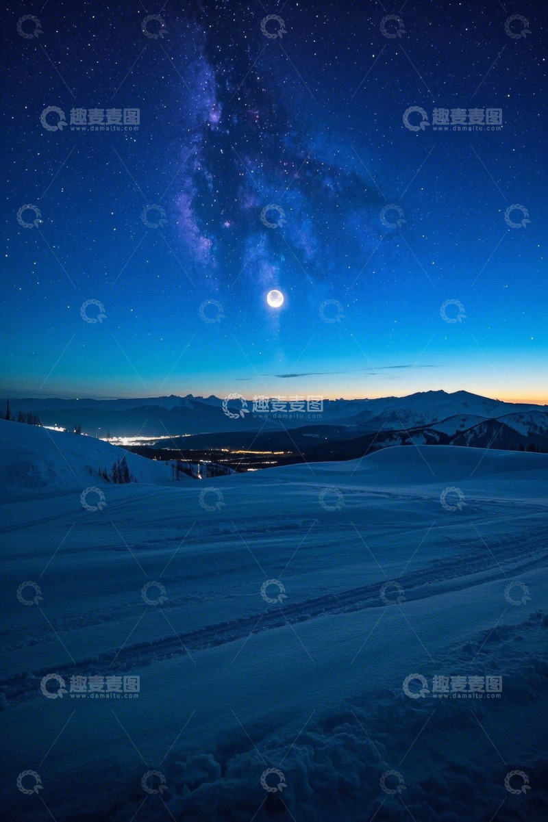 高清大图下载【趣麦麦图】雪夜星空下的山脉全景