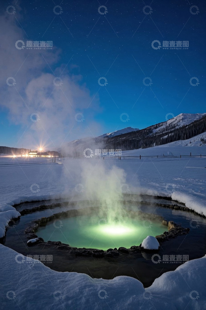 高清大图下载【趣麦麦图】雪地中的蒸汽间歇泉夜景