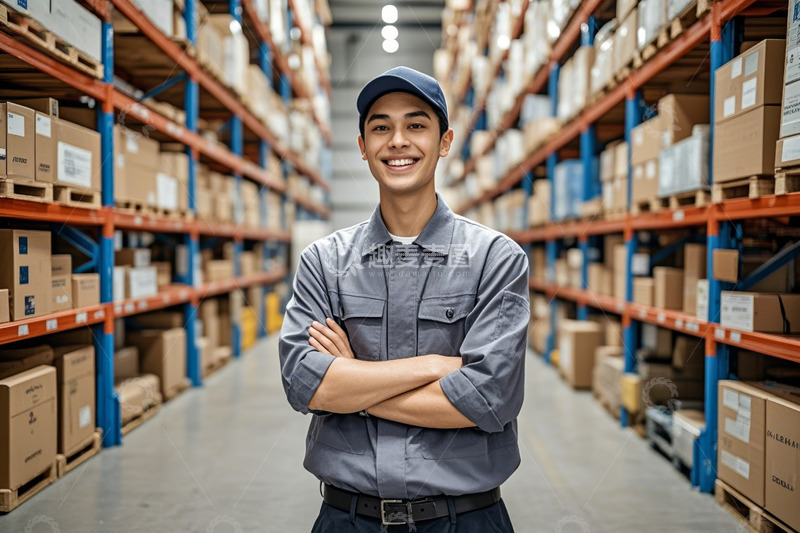 高清大图下载【趣麦麦图】仓库工人双臂交叉站立