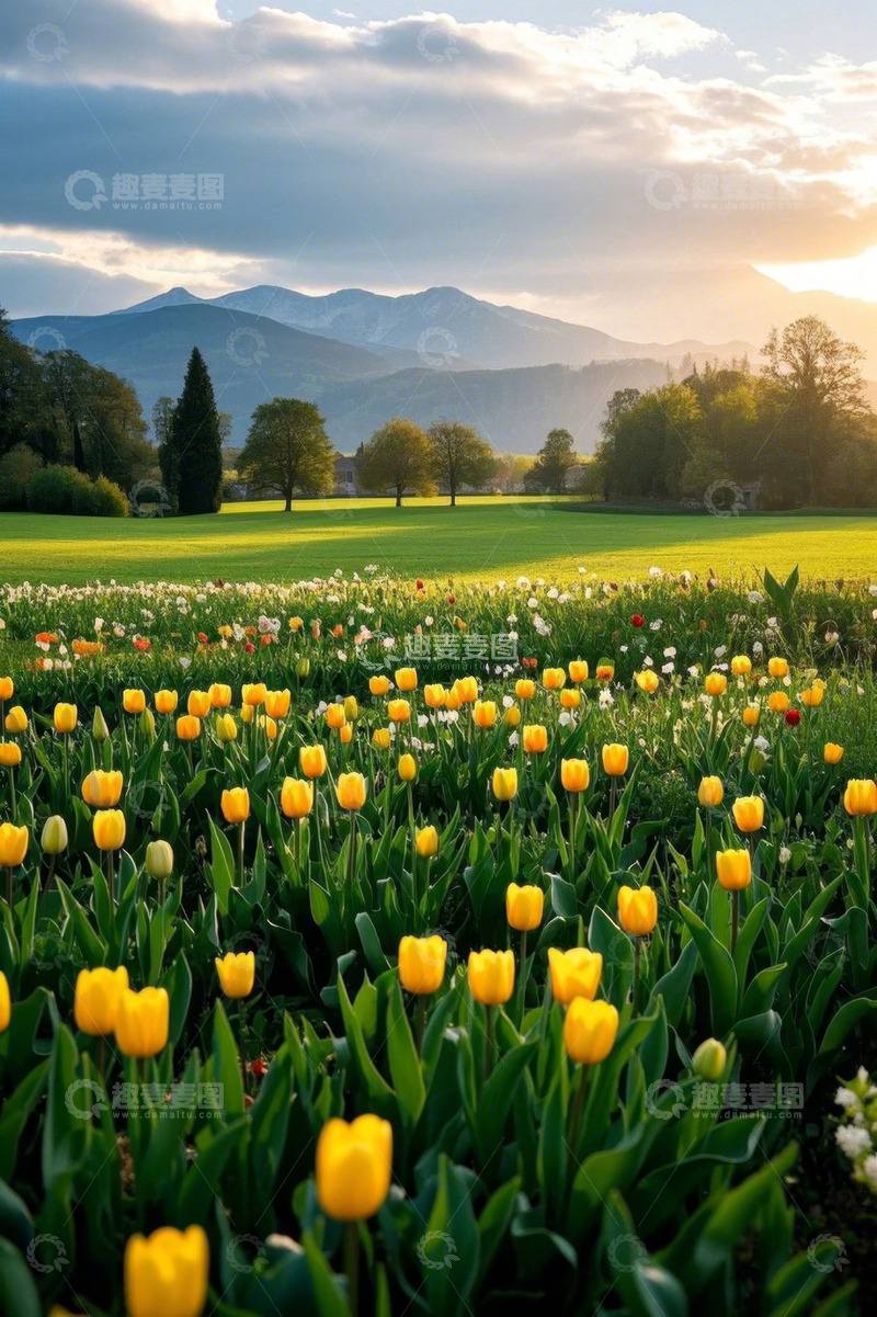 高清大图下载【趣麦麦图】田野中盛开的黄色郁金香