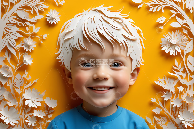 高清大图下载【趣麦麦图】男孩微笑特写配纸艺背景