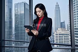 女商人于办公室使用平板电脑
