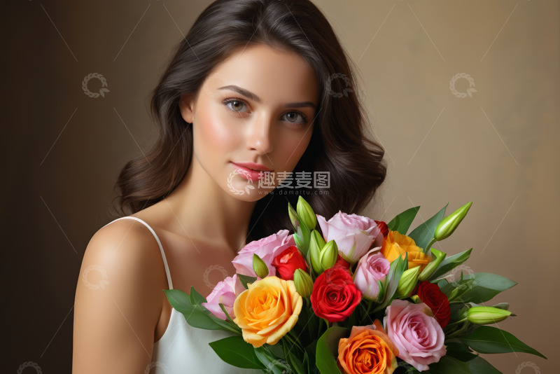 高清大图下载【趣麦麦图】手持花束的年轻女子肖像