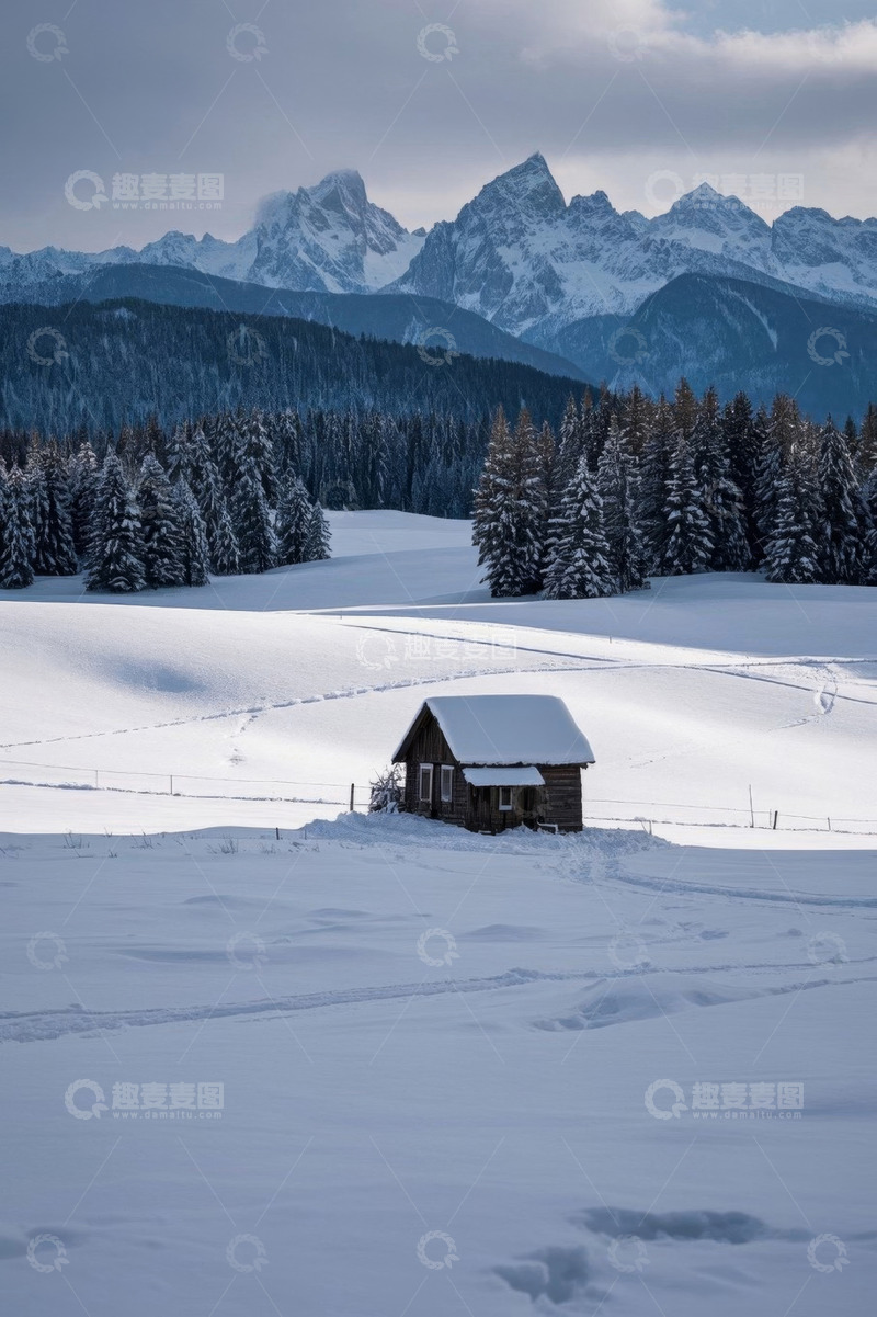 高清大图下载【趣麦麦图】雪中山间小屋与森林景观