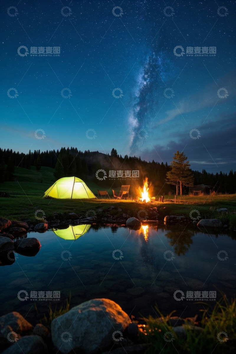 高清大图下载【趣麦麦图】野外露营夜晚星空篝火场景