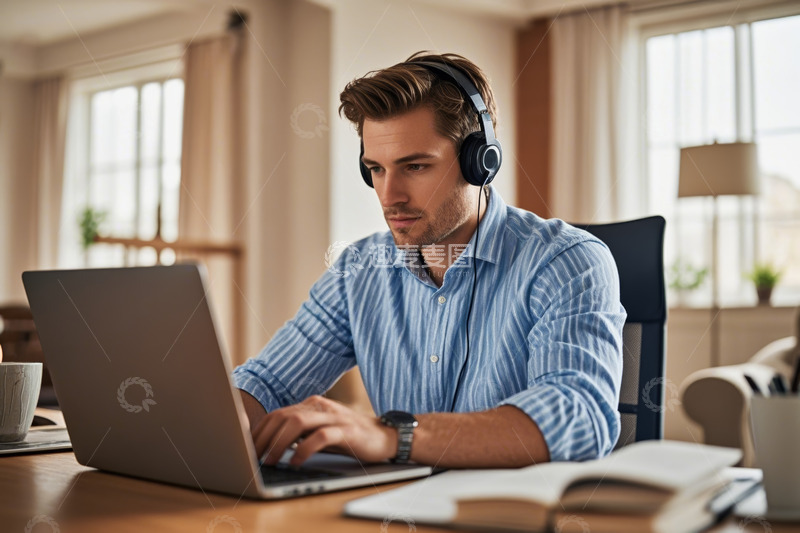 高清大图下载【趣麦麦图】男人居家戴耳机使用笔记本电脑