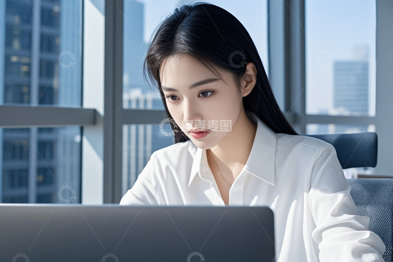 高清大图下载【趣麦麦图】办公女性专注使用笔记本电脑