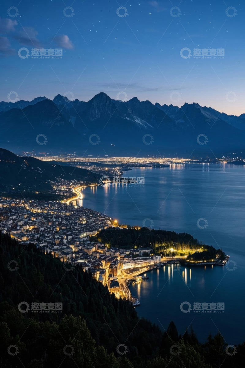 高清大图下载【趣麦麦图】夜晚湖畔山城与远山全景