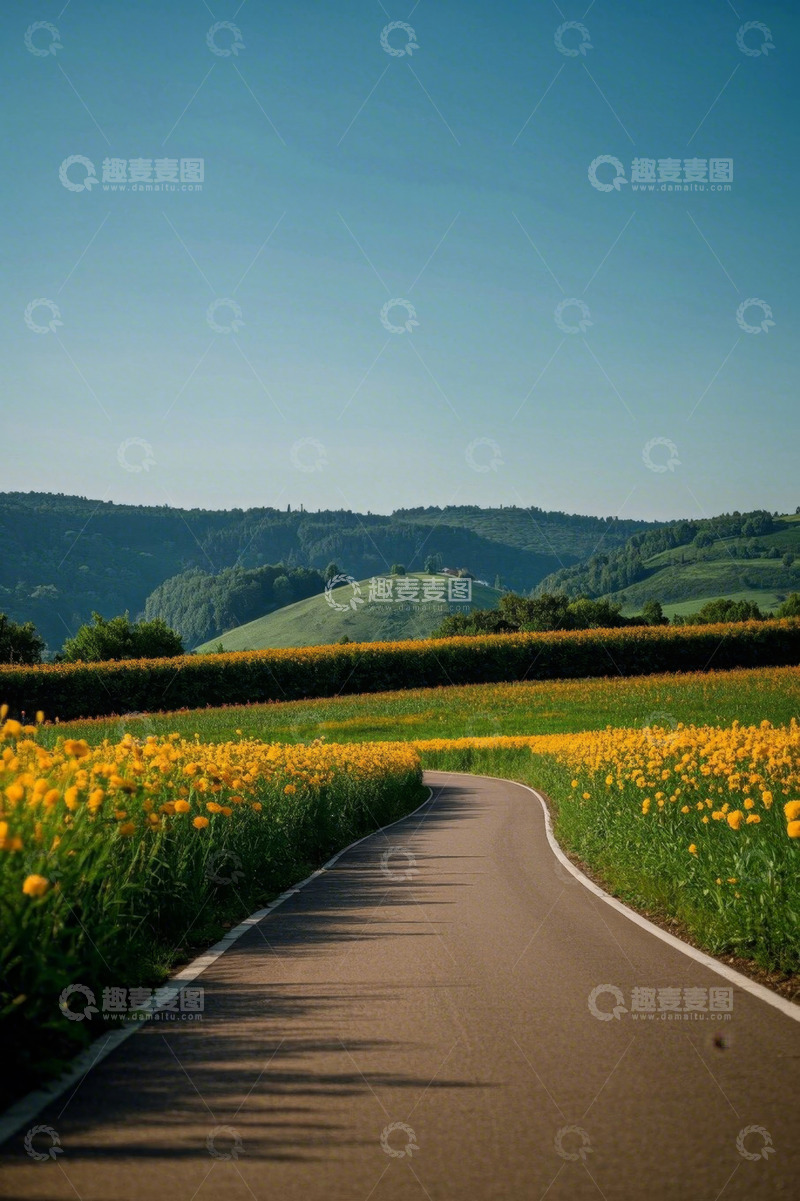 高清大图下载【趣麦麦图】田野间蜿蜒道路与黄色花海