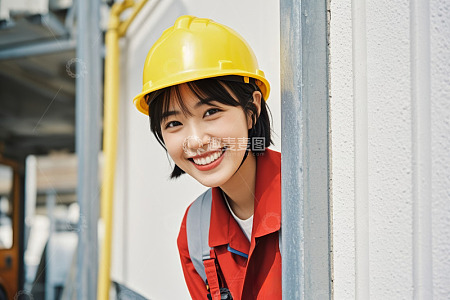 戴安全帽微笑的工业女性