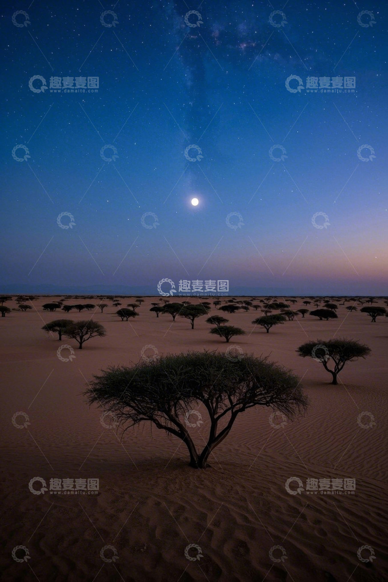 高清大图下载【趣麦麦图】沙漠月夜下的稀疏树木景观