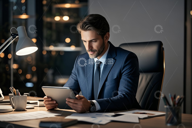 高清大图下载【趣麦麦图】西装男士于办公室使用平板电脑