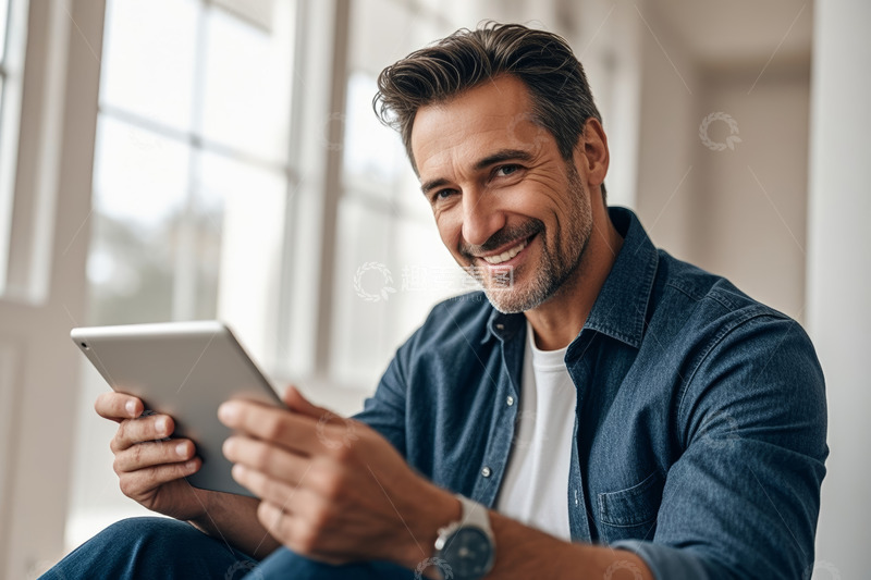 高清大图下载【趣麦麦图】室内男士手持平板电脑微笑