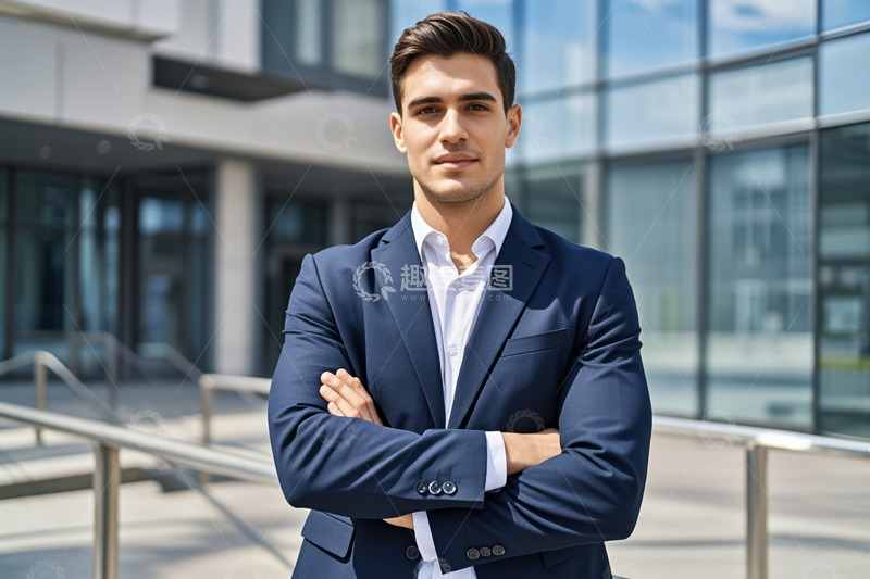 高清大图下载【趣麦麦图】身着西装男子户外双臂交叉站立