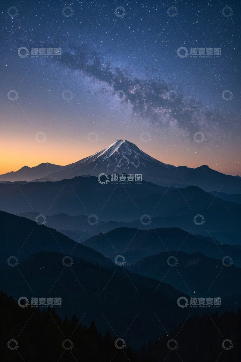 高清大图下载【趣麦麦图】星空下的富士山与群山景观