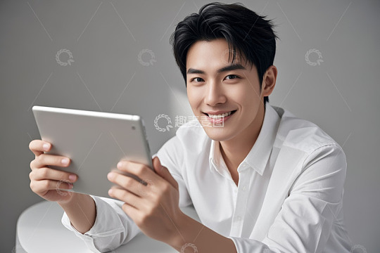 男子手持平板电脑微笑画面