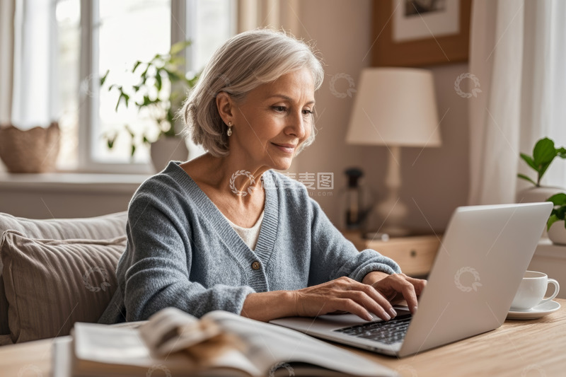 高清大图下载【趣麦麦图】老年女性居家使用笔记本电脑