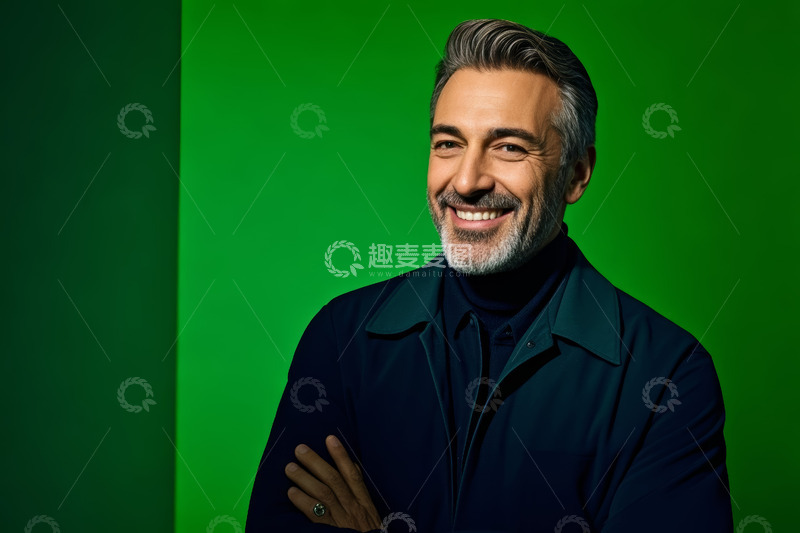高清大图下载【趣麦麦图】微笑男士绿色背景肖像
