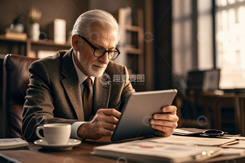 高清大图下载【趣麦麦图】老年男士办公时使用平板电脑