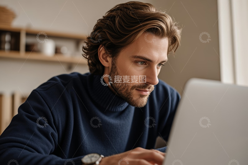 高清大图下载【趣麦麦图】男子专注使用笔记本电脑